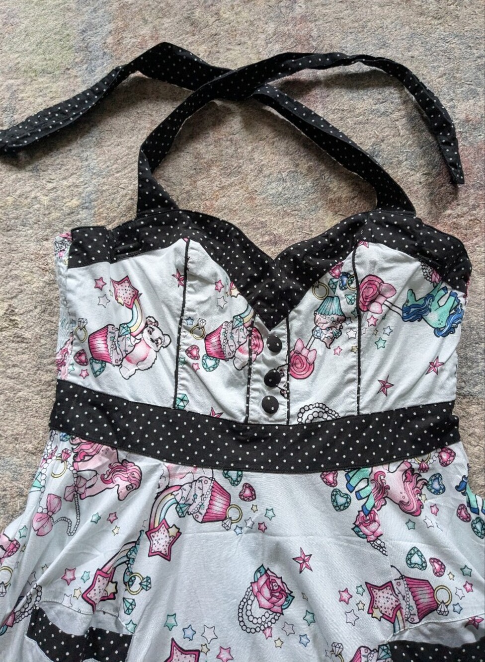 Hell Bunny White Retro Halter Midi Dress with Pink & Teal Print - Picture 2 of 5